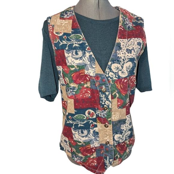 Vintage Jackets & Blazers - Vintage 90s denim floral print patchwork look women's vest large